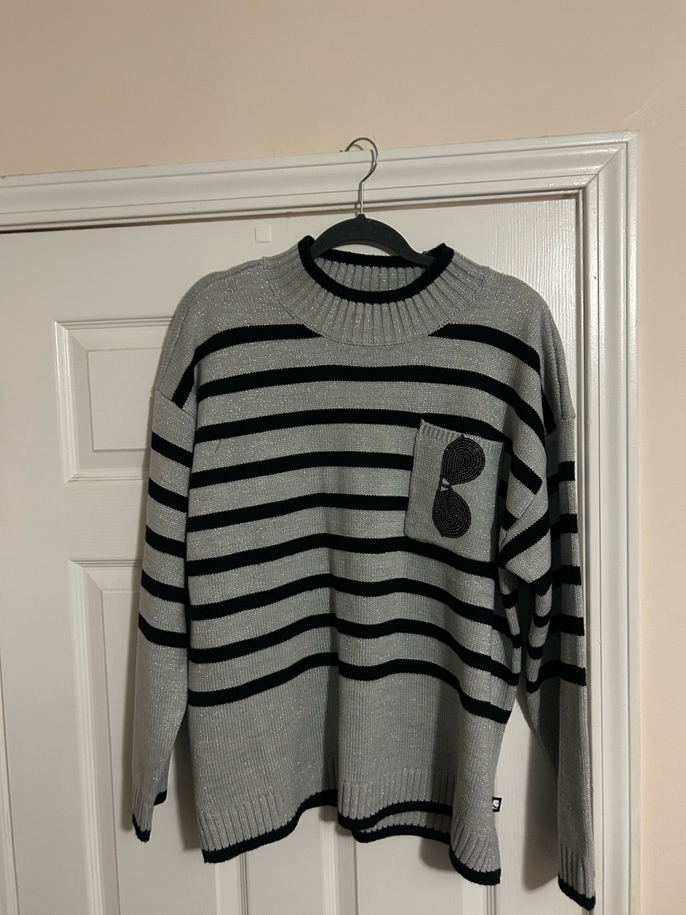 Ladies Gray & Black Striped Knit Sweater with Pocket Detail